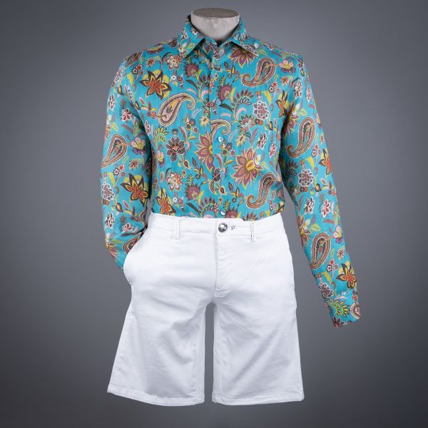 PAISLEY LINEN PRINT SHIRT AZZURRO