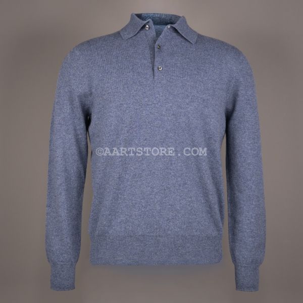 KNITTED CASHMERE POLONECK DENIM BLUE