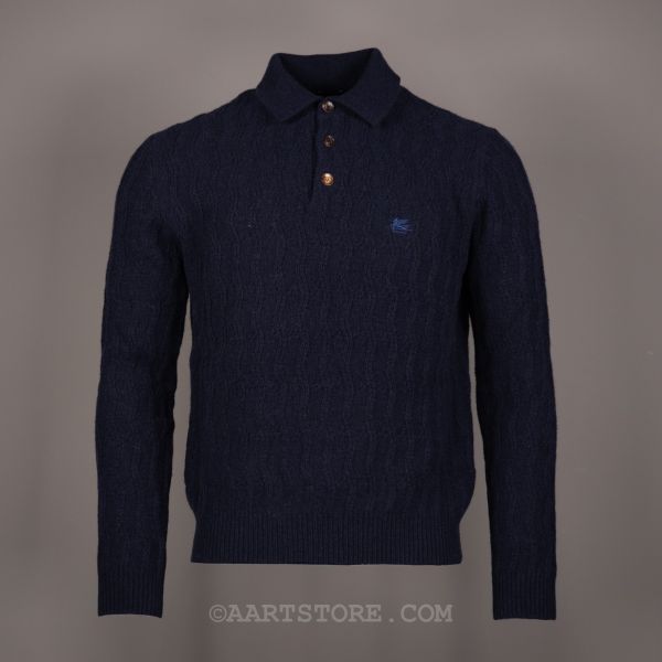 MRKF BUTTON CAHMERE CABLE KNIT BLU NAVY